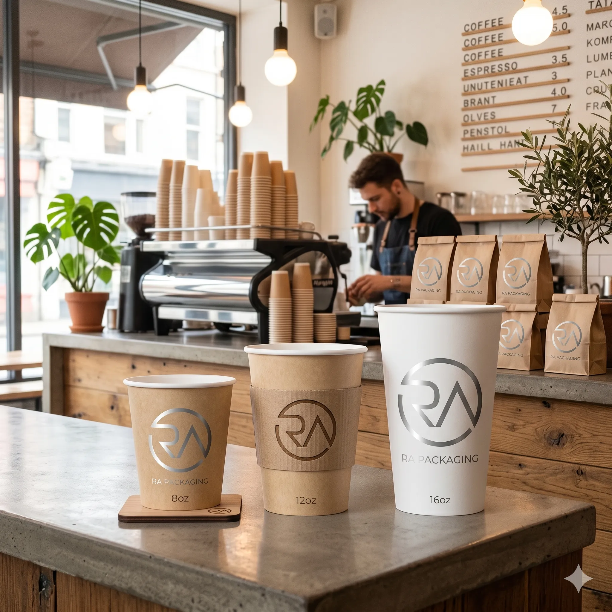Aaray Packaging paper cups displayed for a café